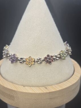STS 925 Thailand Multi Gemstone Flower Bracelet Sterling Silver 7.5" Colorful